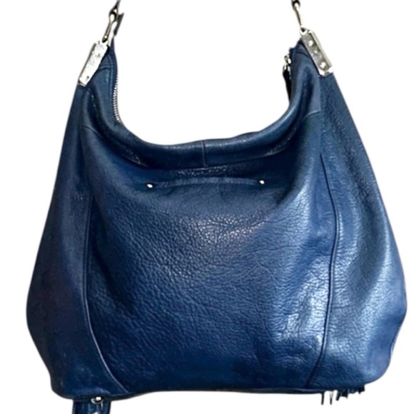 B Makowsky Blue Pebbled Leather Slouchy Shoulder Bag with Fringe Accent - Picture 4 of 8